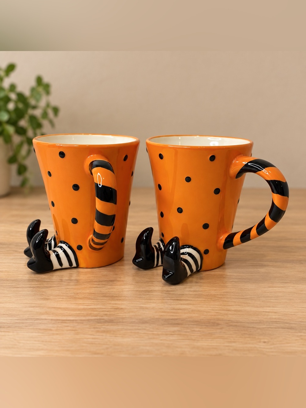 Arlington Designs Halloween Witch Feet Mugs Set 2 Orange Ceramic Striped